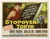 4f277 STOPOVER TOKYO title card '57 artwork of sexy Joan Collins & spy Robert Wagner in Japan!