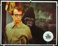 4f927 TAKE THE MONEY & RUN LC #1 '69 best close up image of Woody Allen being held by fake gorilla!