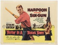 4f303 TERROR IN A TEXAS TOWN title card '58 great artwork of Sterling Hayden holding huge harpoon!