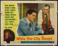 4f986 WHILE THE CITY SLEEPS LC #1 '56 Fritz Lang, c/u of Thomas Mitchell talking to Dana Andrews!