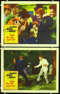 4g043 BABY THE RAIN MUST FALL 2 movie lobby cards '65 Steve McQueen in knife fight in cemetery!