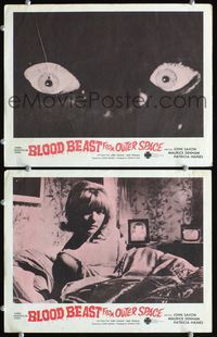 4g082 BLOOD BEAST FROM OUTER SPACE 2 lobby cards '65 wild image of monster eyes, sexy girl in bed!