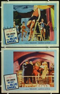 4g084 BLUE ANGEL 2 movie lobby cards '59 Curt Jurgens, sexy May Britt sits on ladder!