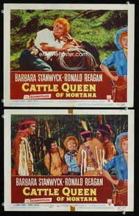 4g123 CATTLE QUEEN OF MONTANA 2 LCs '54 Barbara Stanwyck laying in grass & fighting w/Indians!