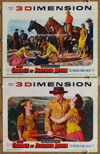 4g127 CHARGE AT FEATHER RIVER 2 movie lobby cards '53 3-D, Indian maidens fighting over Guy Madison!
