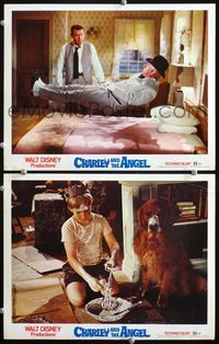 4g128 CHARLEY & THE ANGEL 2 LCs '73 Disney, Harry Morgan, wacky image of boy & dog making mess!