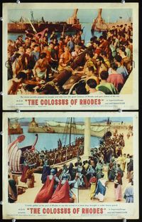4g139 COLOSSUS OF RHODES 2 lobby cards '61 Sergio Leone's Il colosso di Rodi, cool crowd scenes!