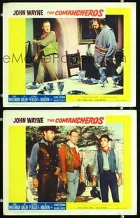 4g141 COMANCHEROS 2 foam board LCs '61 Michael Curtiz directed, big John Wayne in dining room!