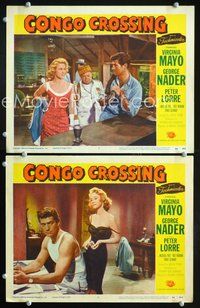 4g144 CONGO CROSSING 2 movie lobby cards '56 sexy Virginia Mayo, George Nader, Peter Lorre!