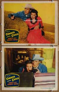 4g147 CORONER CREEK 2 movie lobby cards '48 Randolph Scott holds Marguerite Chapman close!