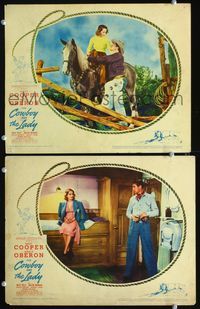 4g150 COWBOY & THE LADY 2 movie lobby cards '38 Gary Cooper w/pretty Merle Oberon on horseback!