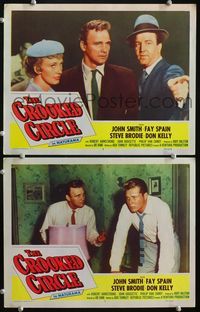 4g157 CROOKED CIRCLE 2 lobby cards '57 two-fisted boxing champ vs crooked underworld, Fay Spain!