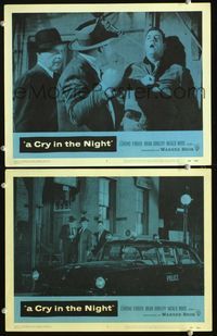 4g160 CRY IN THE NIGHT 2 movie lobby cards '56 Raymond Burr getting beat up & old police car!