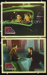 4g161 CRY OF THE CITY 2 lobby cards '48 film noir, Victor Mature, Shelley Winters, Richard Conte!