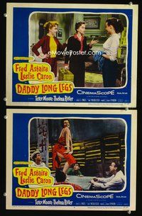 4g164 DADDY LONG LEGS 2 lobby cards '55 sexy dancer Leslie Caron w/suitcase & dancing on table!