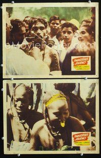 4g166 DANGEROUS JOURNEY 2 movie lobby cards '44 Africa & India documentary, creepy face piercing!