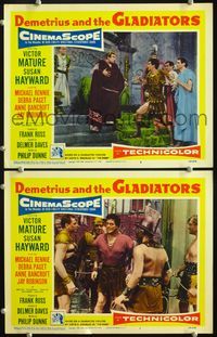 4g177 DEMETRIUS & THE GLADIATORS 2 LCs '54 Victor Mature attacking emperor and Roman soldiers!