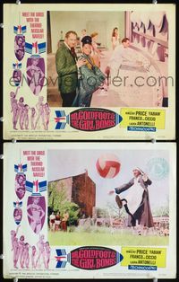 4g195 DR. GOLDFOOT & THE GIRL BOMBS 2 lobby cards '66 Vincent Price dressed as nun playing w/ball!