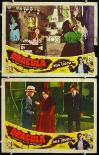 4g199 DRACULA 2 lobby cards R51 Tod Browning, border image of vampire Bela Lugosi, horror classic!
