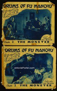 4g201 DRUMS OF FU MANCHU 2 Chap 2 movie lobby cards '40 Sax Rohmer, serial, The Monster!