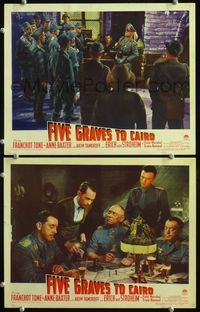 4g240 FIVE GRAVES TO CAIRO 2 lobby cards '43 Billy Wilder directed, Erich von Stroheim as Rommel!