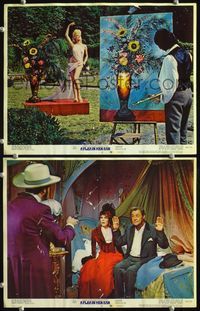 4g244 FLEA IN HER EAR 2 lobby cards '68 Rex Harrison, wacky image of man painting semi-nude woman!