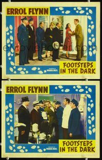 4g254 FOOTSTEPS IN THE DARK 2 movie lobby cards '41 Errol Flynn, Brenda Marshall, William Frawley!