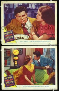 4g257 FORCE OF EVIL 2 lobby cards '48 John Garfield & pretty Beatrice Pearson at dinner & on couch!