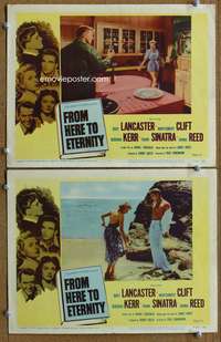 4g266 FROM HERE TO ETERNITY 2 movie lobby cards R58 Burt Lancaster, Deborah Kerr on the beach!
