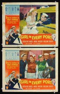 4g278 GIRL IN EVERY PORT 2 movie lobby cards '52 Groucho Marx in cab w/sexy sailor girl & as jockey!