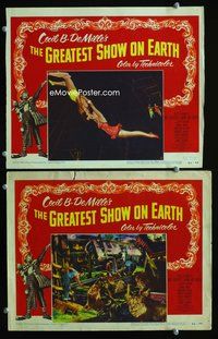 4g291 GREATEST SHOW ON EARTH 2 LCs '52 Cecil DeMille directed, trapeze artists & train wreck!