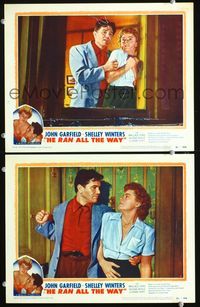 4g305 HE RAN ALL THE WAY 2 movie lobby cards '51 John Garfield, Shelley Winters!