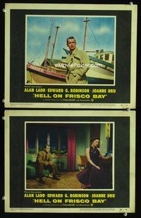 4g310 HELL ON FRISCO BAY 2 movie lobby cards '56 cool detective Alan Ladd, Joanne Dru!