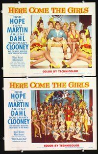 4g316 HERE COME THE GIRLS 2 movie lobby cards '53 cool image of Bob Hope & sexy girls!