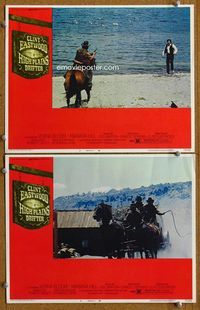 4g321 HIGH PLAINS DRIFTER 2 movie lobby cards '73 Clint Eastwood directed, wagon riders w/whips!