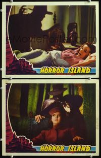 4g330 HORROR ISLAND 2 lobby cards '41 Universal, cool horror images of shadowy figure, Peggy Moran!