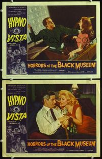4g331 HORRORS OF THE BLACK MUSEUM 2 movie lobby cards '59 woman about to be stabbed, Hypno Vista!