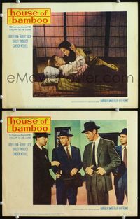 4g335 HOUSE OF BAMBOO 2 lobby cards R61 Samuel Fuller directed, Robert Stack, Shirley Yamaguchi!