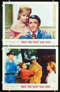 4g340 HOW THE WEST WAS WON 2 movie lobby cards '64 John Ford epic, Gregory Peck, Debbie Reynolds!