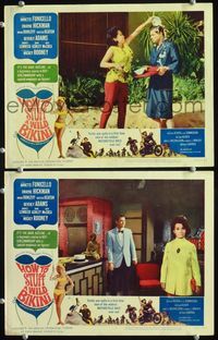 4g343 HOW TO STUFF A WILD BIKINI 2 lobby cards '65 Annette Funicello dumps food on Dwayne Hickman!