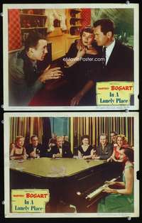 4g360 IN A LONELY PLACE 2 lobby cards '50 Humphrey Bogart, Gloria Grahame sit around huge piano!