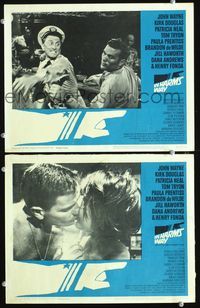 4g361 IN HARM'S WAY 2 movie lobby cards '65 cool image of Kirk Douglas in fistfight, Otto Preminger!