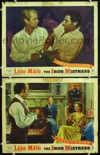 4g364 IRON MISTRESS 2 movie lobby cards '52 Alan Ladd in knife fight & sexy Virginia Mayo!
