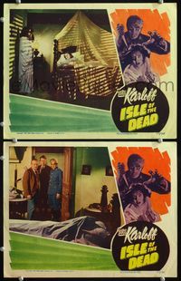 4g367 ISLE OF THE DEAD 2 movie lobby cards '45 creepy Boris Karloff, Ellen Drew in bed!