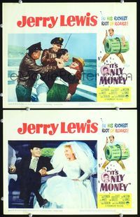 4g370 IT'S ONLY MONEY 2 LCs '62 wacky private eye Jerry Lewis attacking woman on pier & w/bride!