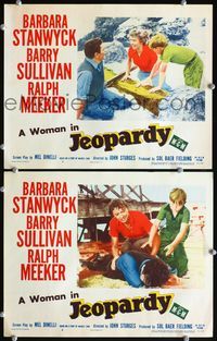 4g377 JEOPARDY 2 movie lobby cards '53 Barbara Stanwyck struggles w/body on beach, film noir!