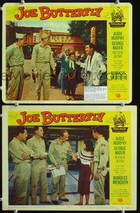 4g381 JOE BUTTERFLY 2 lobby cards '57 Keenan Wynn & Burgess Meredith in the title role in Japan!