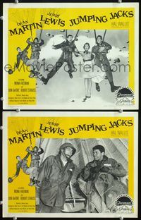 4g388 JUMPING JACKS 2 lobby cards R59 wacky image of Army paratroopers Dean Martin & Jerry Lewis!