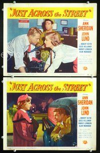 4g390 JUST ACROSS THE STREET 2 movie lobby cards '52 sexy Ann Sheridan, John Lund!