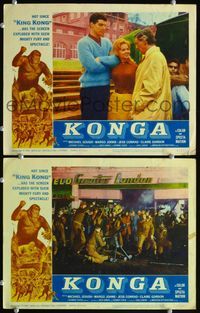 4g409 KONGA 2 lobby cards '61 great border art of giant angry ape terrorizing city by Reynold Brown!